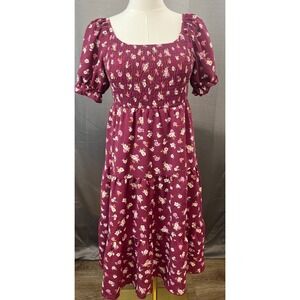 Lilt Cottagecore Floral Smocked Puff Sleeve Tiered Midi Dress Red Size 12